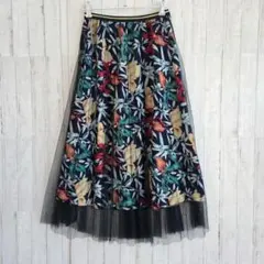 花柄 チュールスカート フレア ロング 黒 ミモレ丈 レディース F きれいめ