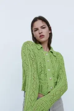 美品 ZARA ザラ 襟付き透かし編みニットカーディガン クロシェ グリーン M