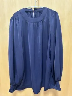 ナノユニバース ラウンドネック ブラウス　ネイビー　F リブ袖