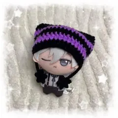 編み物 ちびぐるみ ぬい服 猫耳ニット帽 ブラック×パープル