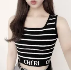ボーダー柄ウエストロゴニットタンクトップ