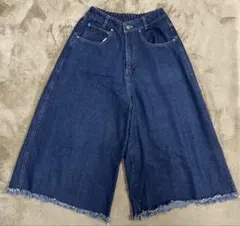ワイド デニム パンツ ガウチョ フリンジ インディゴ NICE CLAUP