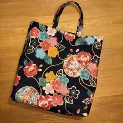 和柄 花柄 手まり文様 金ラメ 和装 和服 サブバッグ（ブラック）