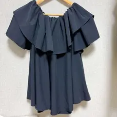 【美品】3way 半袖 オフショルダー ワンショルダー ビックフリルトップス 紺