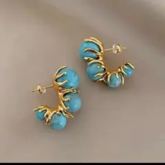 整理　断捨離　トルコ石　ターコイズ　フラワーデザインピアス　アンティーク　レトロ