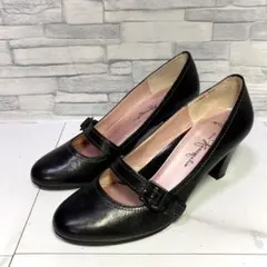 美品 銀座かねまつ レザーパンプス 本革 ストラップ ブラック 黒 22.5