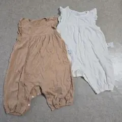 ユニクロ　ベージュ・ホワイト　フリルカバーオール2点セット 80cm