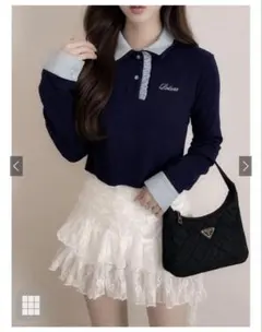 ダブルカラーフリルトップスdk1540 グレイル ケーブル編みニット ロゴ刺繍