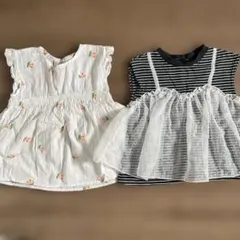 フラワー刺繍チュニックとストライプトップス