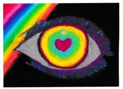 虹色の目とハートの絵画『ケセラセラ』