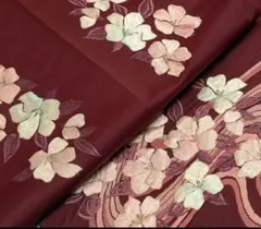 名古屋帯 花柄刺繍 ワインレッド　軽量