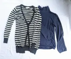 薄手 長袖 2着セット ストライプ カーディガン 紺 メッシュ袖 タートルネック