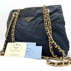 プラダ✨チェーンショルダーバッグ 三角ロゴ キルティング サフィアーノ 濃紺