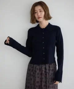 尾崎紗代子コラボ ネイビー 襟付き長袖カーディガン