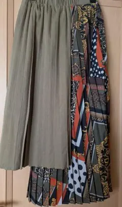 秋らしいプリーツスカート ベージュと多色　アシンメトリーの裾　ウエストゴム