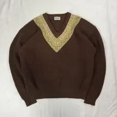 ウール100% ニット Vネック 民族柄 レトロ 古着 メンズ L