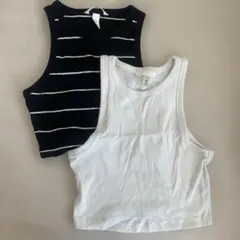 新品未使用　H&M　タンクトップ　クロップド丈　リブ編みボーダータンクトップ