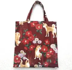 ぺたんこトートバッグ　柴犬と椿　ハンドメイド