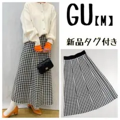 新品タグ付き美品！GUフレアミディニットスカート（チェック黒）M