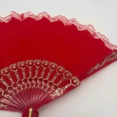 レース　【裏地付き】扇子　赤　花柄　ダンス　バレエ　キトリ　スペイン　フラメンコ