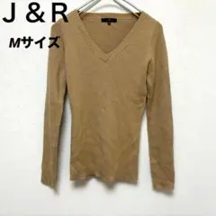 ★美品【Ｊ＆Ｒ】ゴールドラメウール混Ｖネックリブ編み長袖ニット ベージュMサイズ