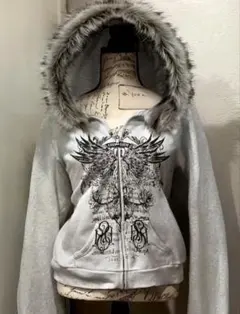 ファー付き y2kグレー パーカー