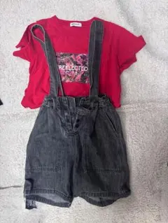 カジュアル コーデセット 赤Tシャツ デニム オーバーオール 2点