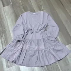 【美品】メゾピアノ 140cmくすみピンク リボン付きワンピース