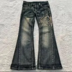 ブーツカットデニム　ダークブルー　刺繍デザイン　Y2K archive