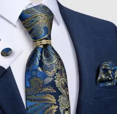 【4点セット】ネクタイペイズリー結婚式二次会成人式青ブルー金ゴールド