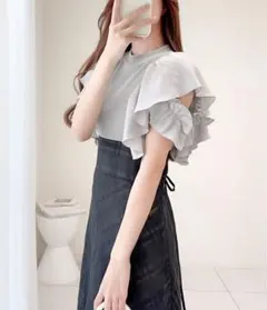 【mily bilet】ダブルフリル袖チェックレースドッキングワンピース