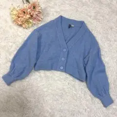 H＆M クロップド丈 ニットカーディガン ブルー Vネック ボリューム袖