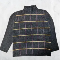 タートルネック ニット チェック柄 配色ライン グレー L