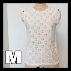 ノースリーブ　ブラウス　古着　花柄　ホワイト　レース　夏　ノーブランド