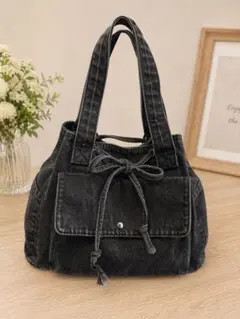 【美品】デニム トートバッグ ブラック 大容量 通勤通学 A4収納可 肩掛けOK