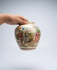 【共箱付き】九谷焼 清峰作 平安花瓶 花器 御所車に花鳥 伝統工芸品