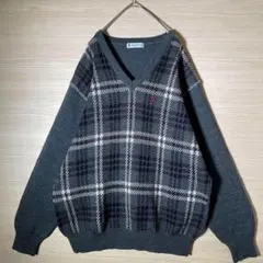 希少 Vネック ニット セーター L チェック柄 刺繍 ヴィンテージ 古着