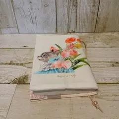 チューリップブーケとねこ 文庫本サイズ ブックカバー ハンドメイド