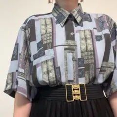 メンズ Leoz グレー系 ポリシャツ アート柄 ヴィンテージのサムネイル