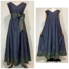 着物リメイク大島紬　裾切り替え深Vネックロングフレアワンピース着丈126㎝