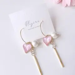 No.19【 ピンク クリスタル ハート × コットンパール フープ ピアス 】