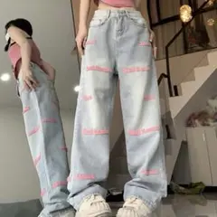 SHINE ピンク刺繍 ワイドレッグデニムパンツ