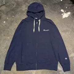 ★Champion プリント ジップアップパーカー フーディー XL ネイビー