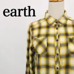 アース　チェック柄　ロング丈　綿100％　薄手　胸ポケット　イエロー　長袖シャツ
