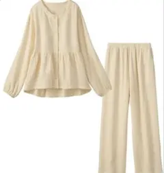 【上下２点セット】Ｗガーゼ前開きパジャマ クリーム色　Mサイズ