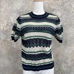 アースミュージック&エコロジー 透かし編みボーダー 半袖ニット