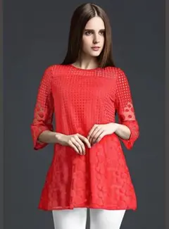 3L 新品 七分袖シースルーチュニック カットソー トップス 赤 大きいサイズ