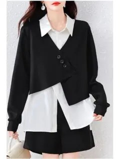 人気を獲得☆配色 フェイクインナー ゆったり 着痩せ 長袖 ブラウス 綺麗め