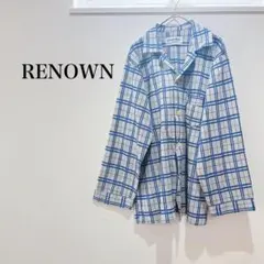 レナウン シャツ 薄手 チェック柄 総柄 グレー 青 カジュアル 袖口広