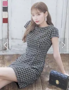 JEWELS チェーンチェックツイードワンピースドレス ブラック